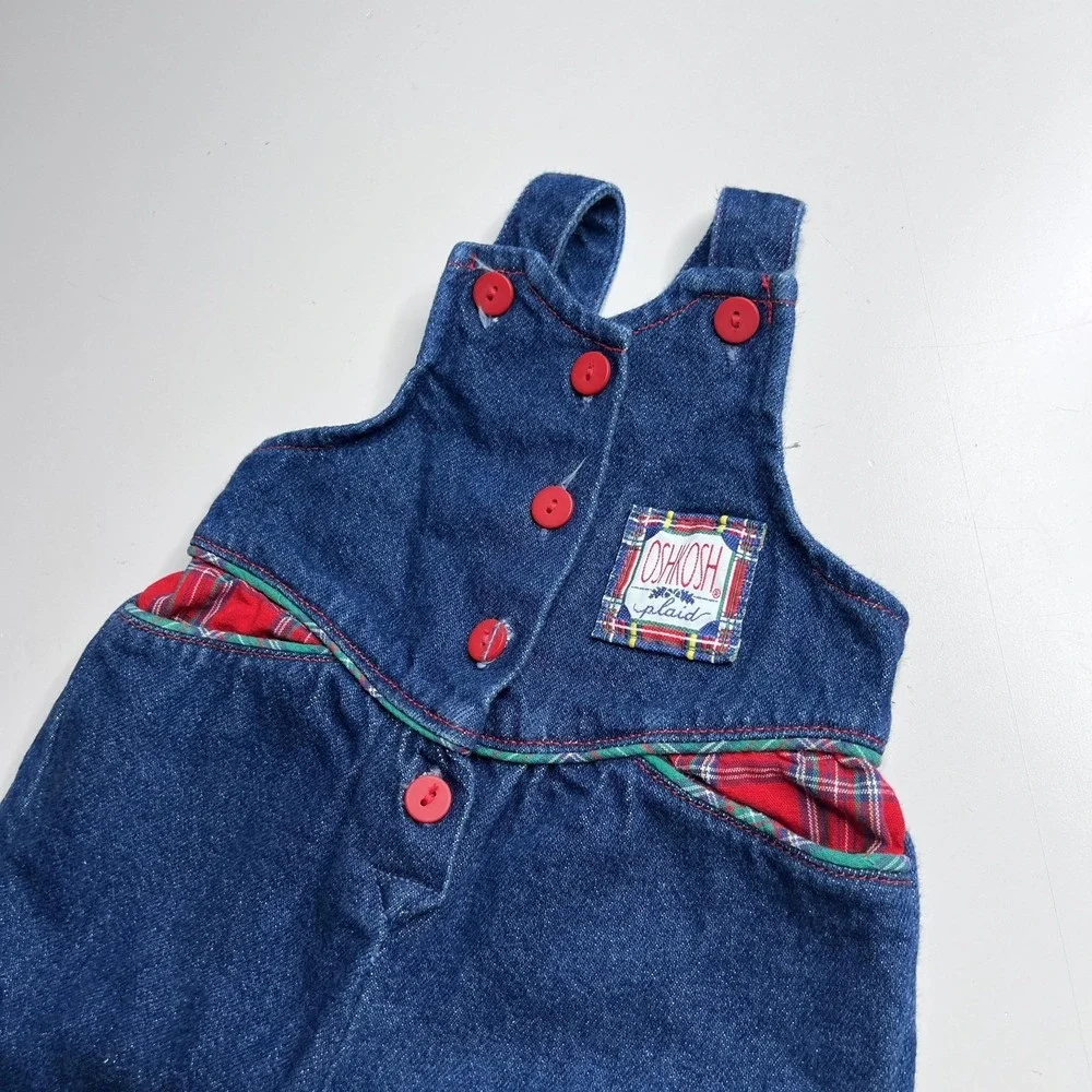 Vintage OshKosh B'gosh Overalls Girls 3-6 Months Blue Denim Plaid Vestbak Romper